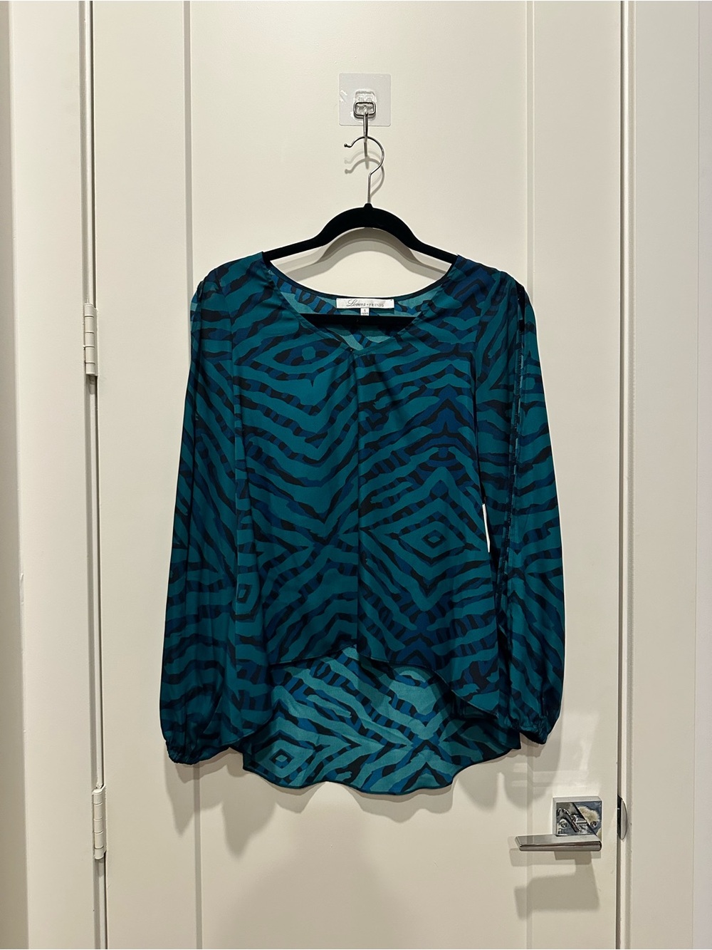 Lovers + Friends Teal and Black Zebra-Print Long Slit Sleeve Blouse
